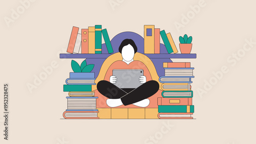 A person sitting comfortably with a tablet surrounded by stacks of books and plants on a shelf