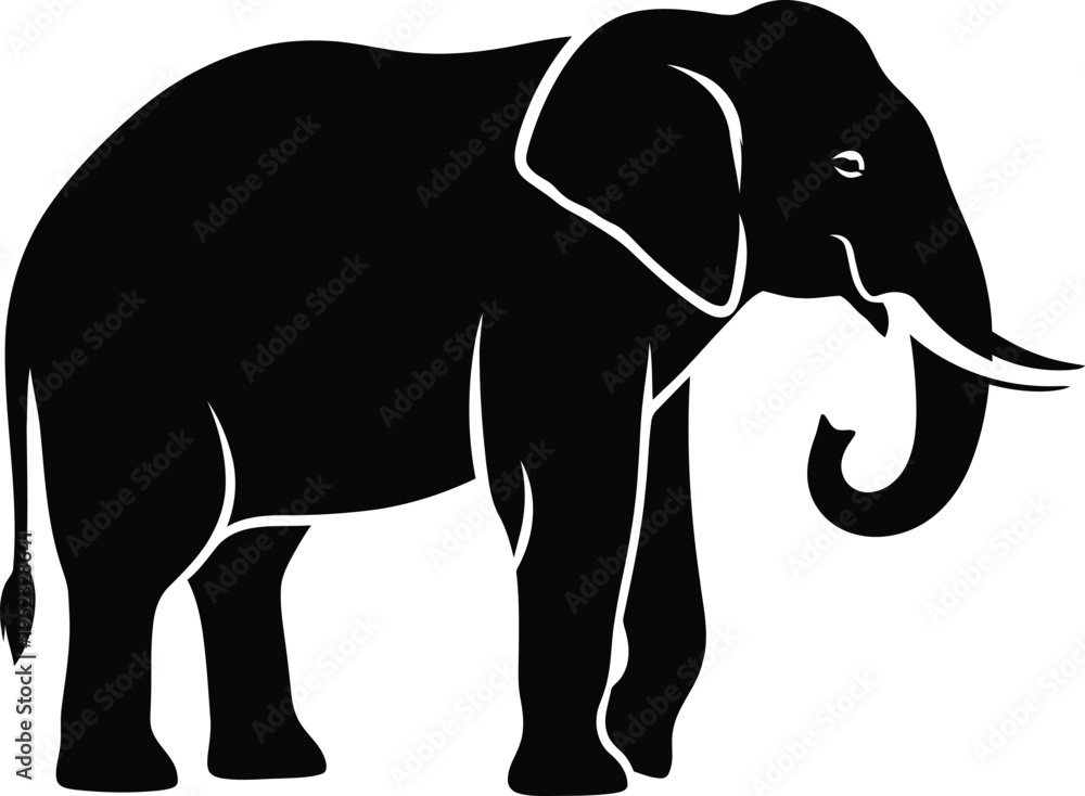 Fototapeta premium A black silhouette of an elephant standing with its trunk curled