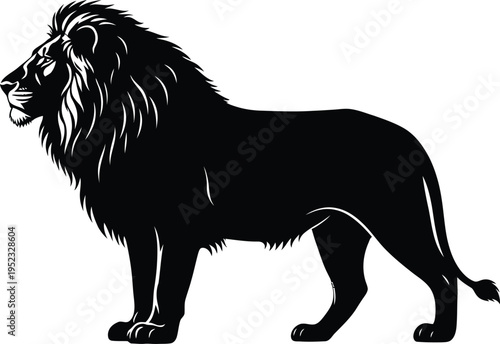 A majestic black lion standing proudly in profile view with a stunning mane