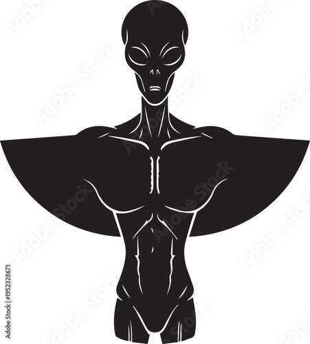 Alien vector silhouette illustration, creature with elongated head, detailed line art torso