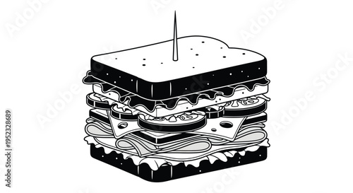 A black and white illustration of a stacked sandwich with visible fillings