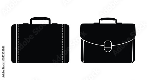 Two black silhouettes of vintage suitcases and briefcases are displayed