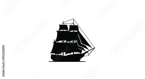 Silhouette of a majestic sailing ship with full sails against a white background