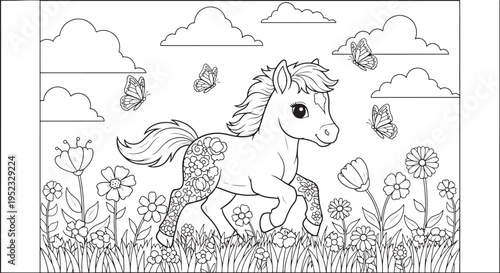 Cute cartoon pony prancing through field of flowers with butterflies fluttering around in whimsical countryside scene