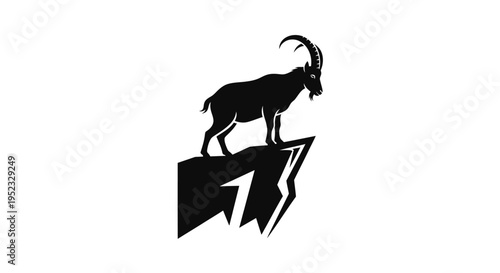 A black silhouette of a goat standing on a jagged rock formation against a white