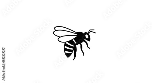 Black and white illustration of a bee flying against a plain white background.