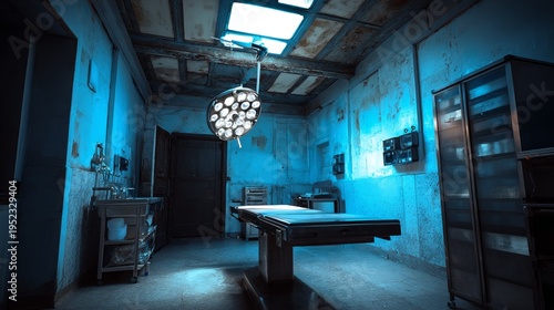 Wallpaper Mural An empty, decaying operating room with bright overhead light, blue tones, and aged, damaged walls Torontodigital.ca
