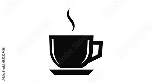 A black and white vector of a teacup with steam rising from the top, on a saucer