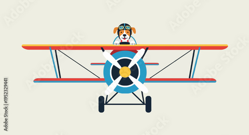 A cartoon biplane with a dog pilot wearing aviator goggles. Colorful and cute design