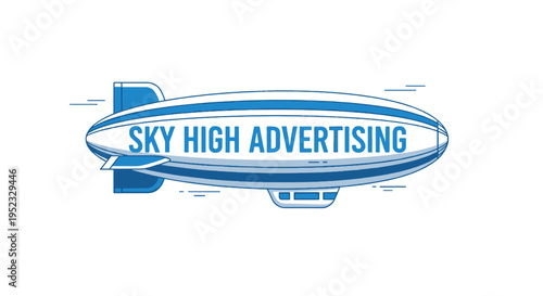 Blue airship graphic with "SKY HIGH ADVERTISING" text on white background. Illustration-style design