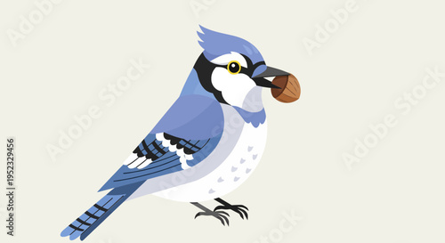 A cartoon-style blue bird, holding a nut in its beak, against a light beige background