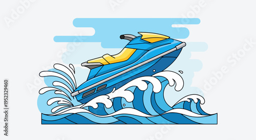 A blue and yellow jet ski leaps over ocean waves with a white crest and a blue sky