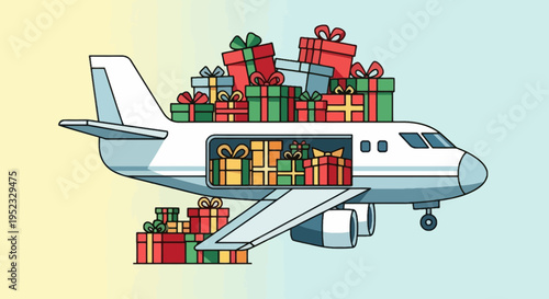 Illustration depicts a cartoon airplane filled with and surrounded by wrapped gifts