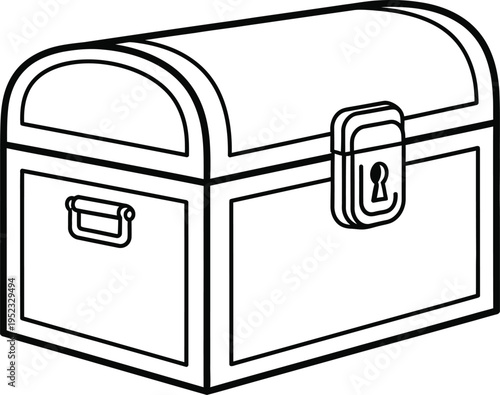 A black and white line drawing of a small treasure chest with a latch and handle