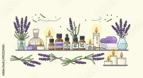 Illustration of a spa setting with lavender, candles, essential oils, and towels