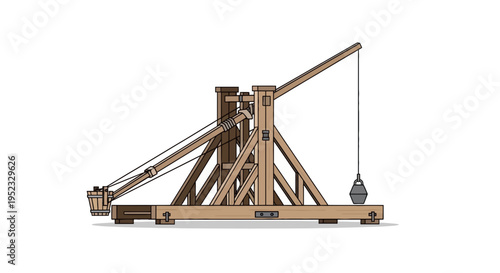 Illustration of a medieval trebuchet, a siege weapon, with a bucket and counterweight