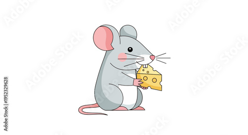 A cartoon mouse stands upright, holding and nibbling a wedge of cheese against a white backdrop
