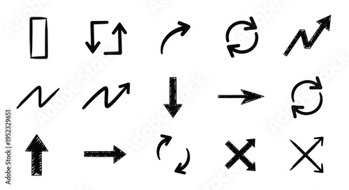 Collection of hand drawn arrows and symbols indicating direction and movement