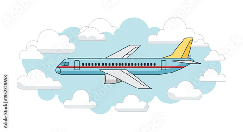 A turquoise passenger plane flies amidst clouds in a light blue sky