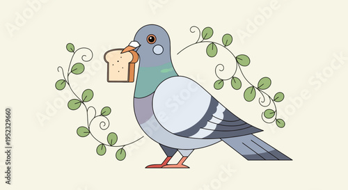 A cartoon pigeon with bread in its beak and leafy vines