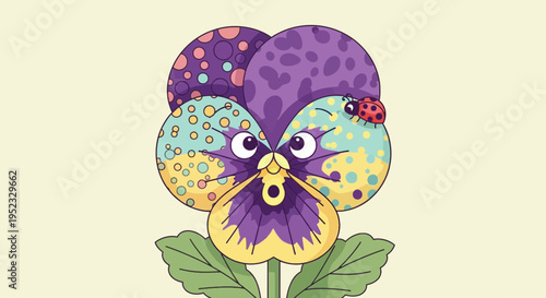 Animated floral illustration featuring a smiling pansy with a ladybug, set against a soft yellow