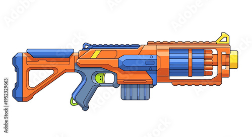 A cartoon-style orange and blue toy gun with various geometric shapes