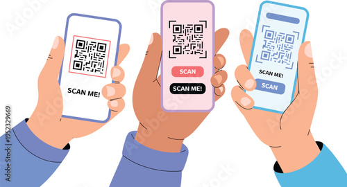 Three hands holding smartphones displaying q r codes for scanning