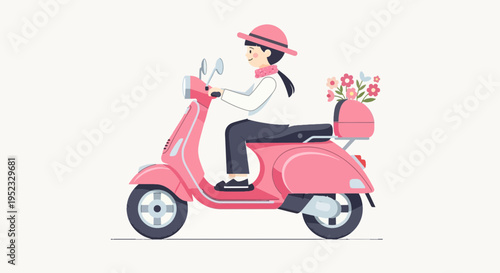 A cartoon woman in pink hat and scarf rides a pink scooter, with flowers on the back