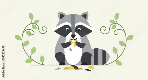 A cartoon raccoon enjoys food. Foliage surrounds the raccoon on a pale background