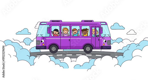 A cartoon purple bus with children inside drives above clouds on a gray road