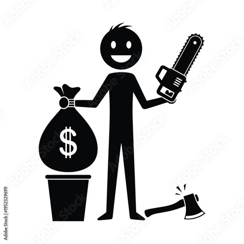 A cartoon character with a money bag and chainsaw threatening another character