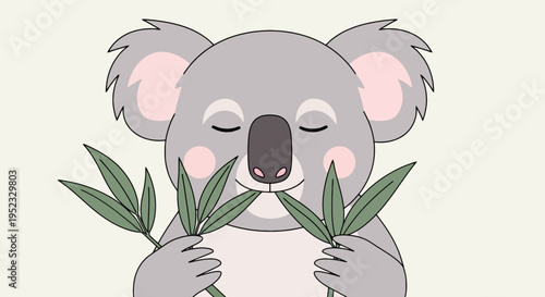 A cartoon koala eating eucalyptus leaves, eyes closed, with a soft color scheme