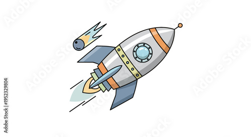 A cartoon rocket ship launches past a small comet in a minimalist design