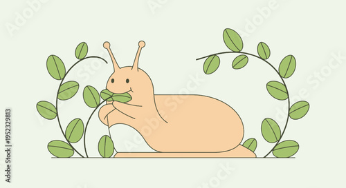 A smiling snail enjoys leaves, encircled by leafy vines on a light green background