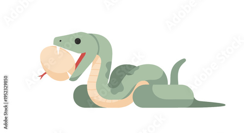 A stylized green snake is shown consuming an egg. It lies coiled on a white background