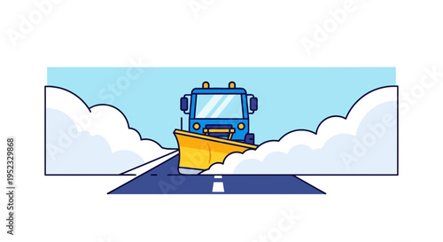 Cartoon of a blue snowplow on a road clearing a path, flanked by clouds, under a blue sky