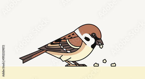 A stylized sparrow with brown, white, and black feathers eats seeds with a minimalist design