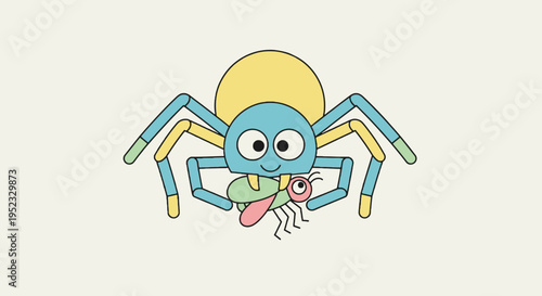 Cartoon spider with a grasshopper prey, with an overall child-like colorful art style