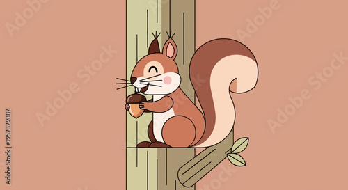 Cartoon squirrel with acorn in paws, perched on a tree branch, smiling. Simple, clean design