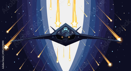 A stealth jet flies through space amidst falling stars and cosmic streams