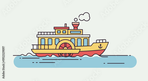 A colorful, vector illustration of a paddle steamer boat on water, with steam