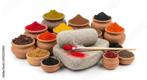 Colorful powdered pigments in clay pots with grinding stones and paint brush