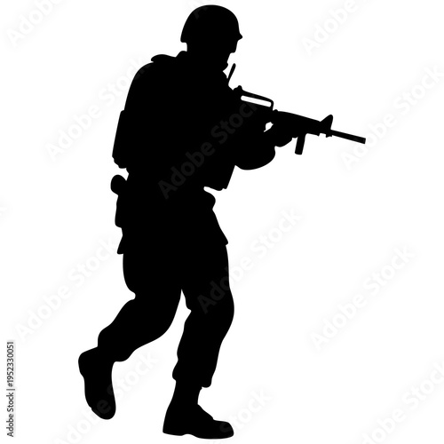 Soldier in combat stance holding rifle silhouette white background