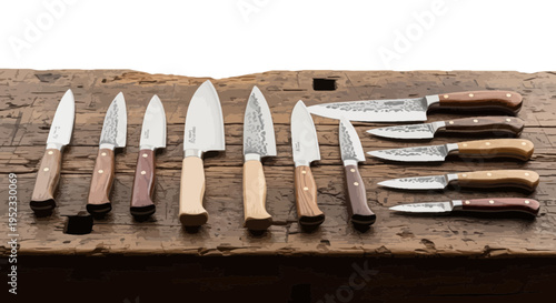 Assortment of sharp knives with wooden handles displayed on a rustic, wooden surface