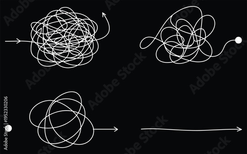 White scribble lines showing complexity versus simple straight path