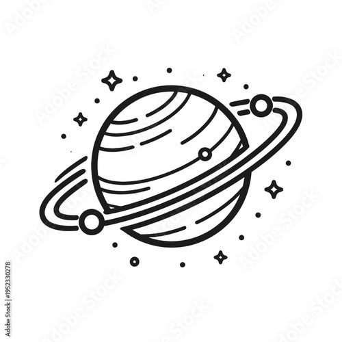 Cosmic planetary ring system with stars, simple line art illustration of a celestial body in space, science and exploration