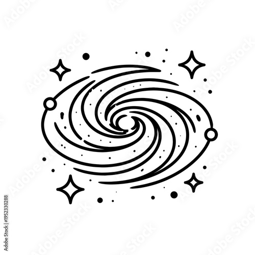 Minimalist black and white line art depicting a swirling cosmic galaxy surrounded by twinkling stars, representing infinite space
