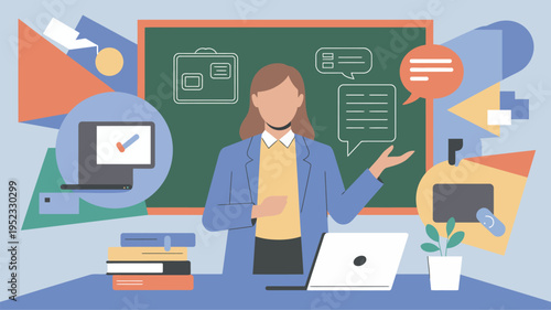 A female teacher standing in front of a classroom with a laptop and books on the desk