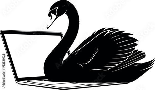 Black swan silhouette emerging from laptop screen, creative technology concept illustration combining wildlife bird and digital device, symbolic modern cyber nature fusion isolated on background.