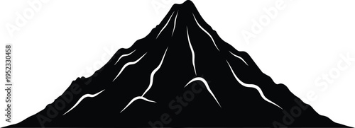 A black and white illustration of a snow capped mountain with glaciers and rugged terrain in a minimalist style